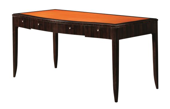 The Sydney writing desk features an orange leather top and ebony veneer. It is 62 inches wide, 30 inches tall, and 31 inches deep.