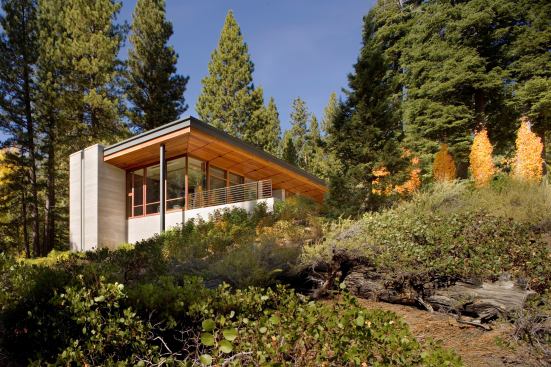 The studio/archives pavilion mirrors a guest cottage 240 feet away, overlooking Lake Tahoe.