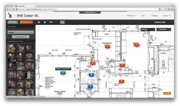 The platform comes together in the Dynamic View window, in which users can drag images from the image bank to the proper room on their plans, creating buckets of images for each area of the project.