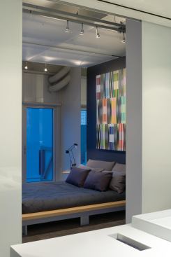 View into the bedroom from the bath.