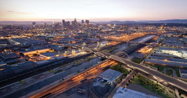 A view looking northwest across the 6th Street Viaduct toward downtown Los Angeles.