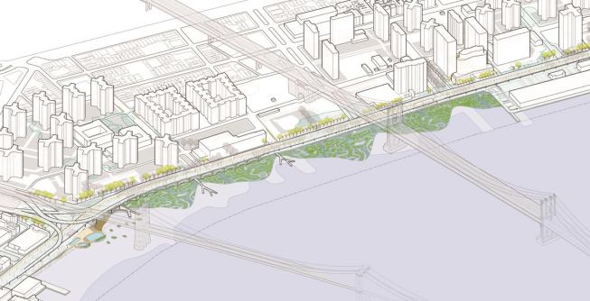 Site Plan for the East River Blueway proposal stretching from Brooklyn Beach under the Brooklyn Bridge to South St.