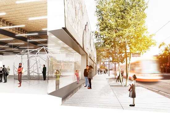 Section drawing of urban-scaled, deep-framed windows with integrated seat that help connect MOCAD's galleries to Woodward Avenue.