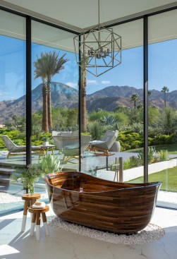 Serenity Indian Wells luxury desert home spa style primary bathroom with lacquered wooden tub & views