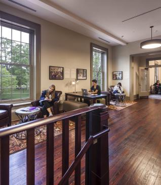 Both floors in the original Language Hall building feature an area that serves as lobby and student gathering space.
