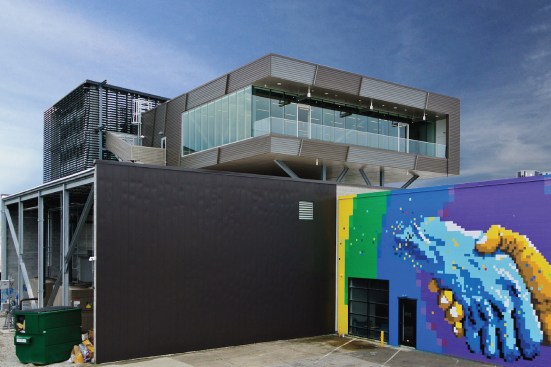 The dramatic view of the events space from the sidewalk.
