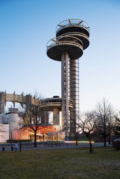 Cylindrical in form to reference the geometries that typified Johnson’s works on the site, the addition is glazed and lit with colorful cold-cathode lighting, creating a bright counterpoint to the dark relics nearby.