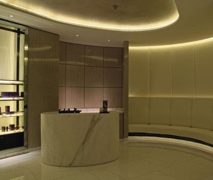 The use of concealed linear LED lighting in the  curved coffers behind the curved seating highlights the shape of the main  reception and greeting space.