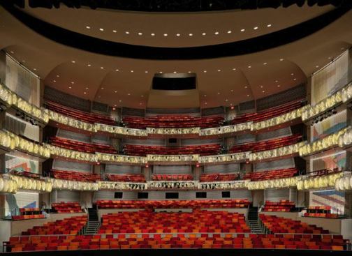 In the Muriel Kauffman Theatre, the sparkling effect seen in the balcony fronts is achieved by custom textured acrylic forms backed with a folded reflective material and illuminated by dimmable LED striplights.