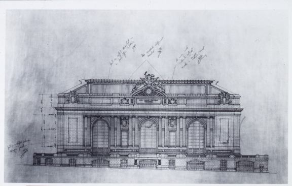 A final design sketch of Grand Central Terminal, circa 1910, which has architect Whitney Warren's handwritten notes on the details for the Beaux Arts facade. The sketch is on display as part of an exhibition on the history of the terminal on site in Vanderbilt Hall.