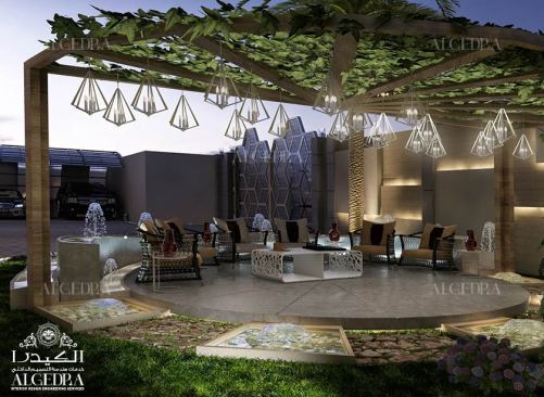 Outdoor sitting area in luxury villa garden