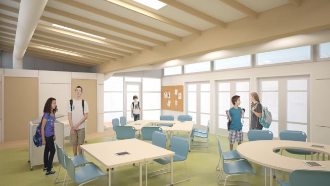 Bi-fold glass doors allow daylighting and views, as well as opportunities to extend classrooms outside.