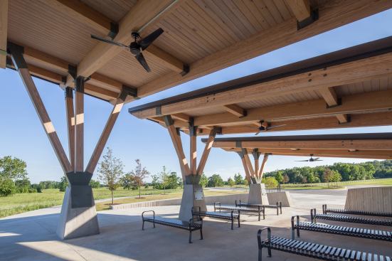 Three smaller roof sections make up the overall roof for the Committal Shelter, each consisting of tongue-and-groove decking covered by standing seam metal roofing.