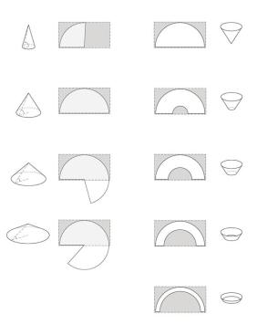 Striving for material efficiency, the team conducted geometric studies to identify the ideal angle and depth of the cones. The first set of studies (left) determined that the most efficient use of aluminum sheets resulted in a 60-degree cone. The second series of studies (right) investigated the material usage of various depths of cones, which then had to be weighed against the effect on light transmittance into the pavilion.