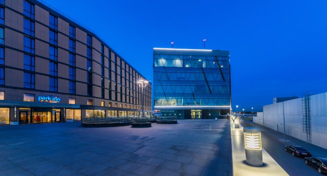 Business Center & Park Inn Hotel. Night-time lighting