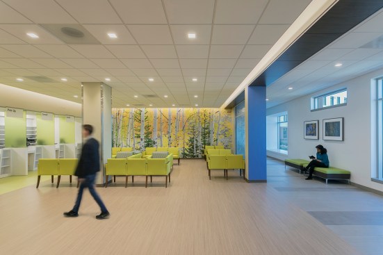 The refreshing citrus tones of Henry Domke's "Sage Ranch Panorama" complement the warm flooring palette in the pharmacy.