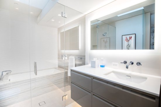 Luxury modern minimalist bathroom at Beverly Hills home.