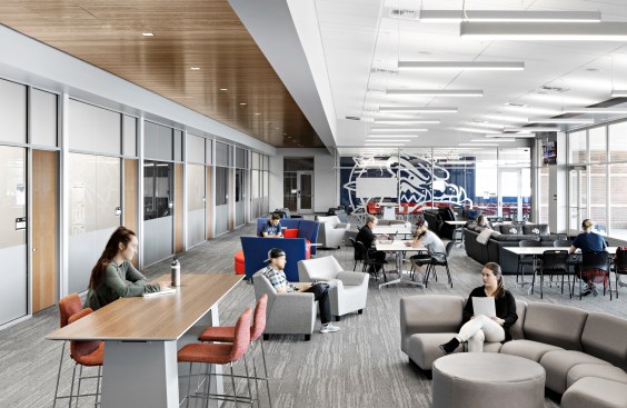 Located on the third floor is a large student athlete study space with a variety of seating options. A south facing patio captures stunning views of the Spokane River and downtown Spokane.