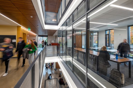 The building program spatially unites undergraduate academic curriculum with student services for a first-of-its-kind interdisciplinary center that provides integrated support for accessible education and equitable mentoring to improve educational outcomes in Oregon with student success for positive impact. A spatial sense of openness and transparency reflects these values. UO Tykeson Hall, OFFICE 52 Architecture, Design Architect.