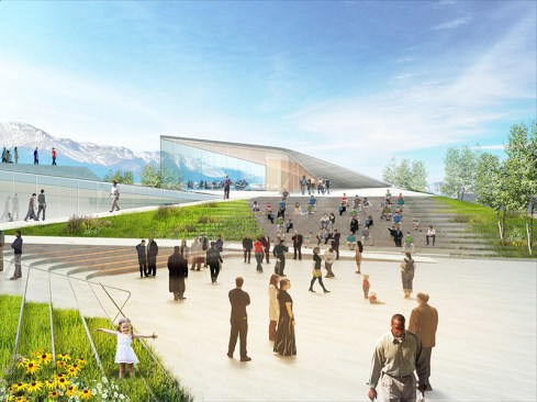 Preliminary Design Concept for the United States Olympic Museum: Plaza View.