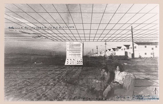 Collage with sketches and notes, combining two projects: the terrestrial grid of the "Supersuperficie" ("Supersurface"), and the Autostrada Terra-Luna ("Interplanetary Highway") overhead, 1972