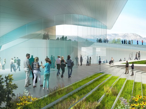 Preliminary Design Concept for the United States Olympic Museum: Plaza View.