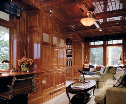 Custom Home, September-October 2007  On Site  Duo Dickinson, Architect, Madison, Conn.   Varnished cherry gleams in the library of this waterfront custom home in Riverside, Conn., with interior design&nbsp;by Raymond Forehand Associates.