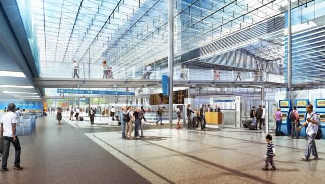 Phase one improvements to Concourse A will include the construction of two new tracks and one new platform on the west side of the railyard. This northwest view of Concourse A shows waiting areas, skylights, and mezzanine bridges.