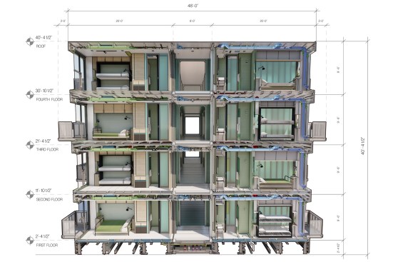 Cross section through staff housing. The Project Héroe modular system was designed to form a small, autonomous city, using existing infrastructure
or operating self-sufficiently.