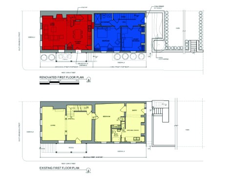 Existing (bottom) and renovated (top) plan for the first floor. The apartment on the left, Braddock Street side put the living area on the first floor, while the apartment on the right-hand, Cork Street side put bedrooms there.