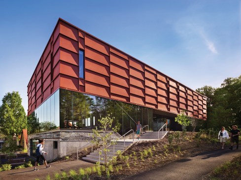 Nestled between the College's athletic campus and the woods, the Matchbox, designed by Digsau and completed in 2014, serves as both gateway and lantern. The masonry-clad ground floor mediates the site's unique topography, emerging from the earth and includes heavy strength-training equipment and class and rehearsal space for the Theater Department.