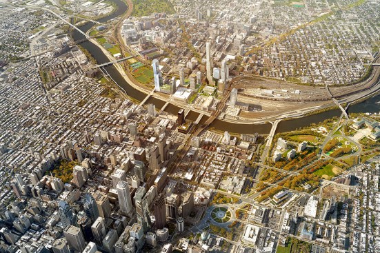 Aerial of Philadelphia with rendering of Schuylkill Yards