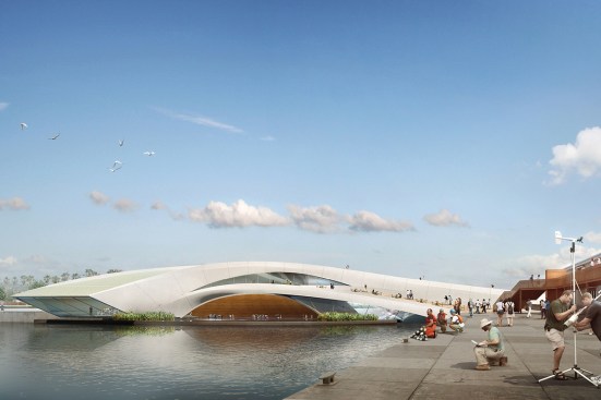 View of Berth 56 Engagement Center and Warehouse 57 Science Hub from wharf