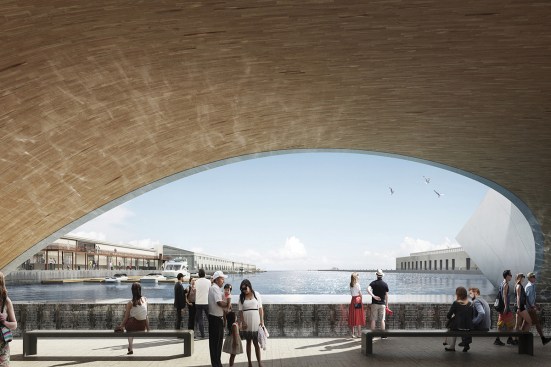 Sheltered patio beneath main exhibition hall in AtlaSea Berth 56 Engagement Center