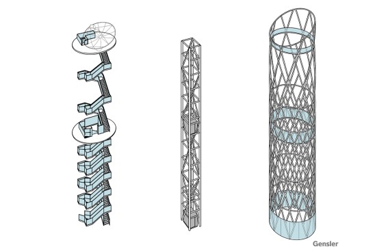 Diagrams of AltaSea viewing structure. (From left): Stairs and viewing and energy decks; core structure and elevator; primary steel structure.