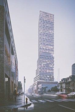 The tower's exterior consists of an alternating pattern of solids and voids clad in a combination of architectural metal panels and vision glass.
