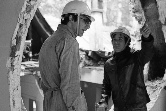 Gordon Matta-Clark and Gerry Hovagimyan working on Conical Intersect, 1975