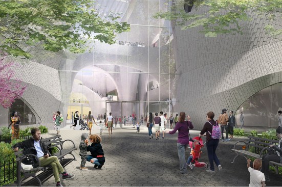 A rendering of the entrance to the proposed Richard Gilder Center for Science, Education, and Innovation from Theodore Roosevelt Park.
