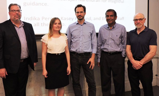 2017 IESNYC Thesis Prize presentation. Left to right: Mike Barr, Thesis Prize coordinator; Valeria Terentyeva, Thesis Prize recipient; Brian Belluomini, IESNYC President; Nadarajah Narendran, Professor, Architecture, Rensselaer Polytechnic Institute, and Russ Leslie, Professor and Lighting Research Center Associate Director, Architecture.