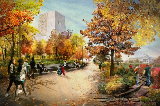 Rendering of promenade with view of museum and the Museum of Science Industry (January 2018)