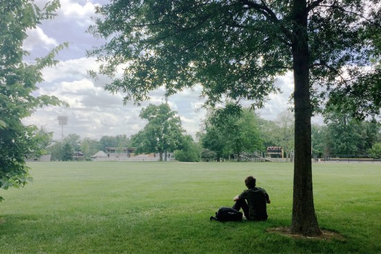 View across Poe/Pardee fields toward the site of the new residential colleges.