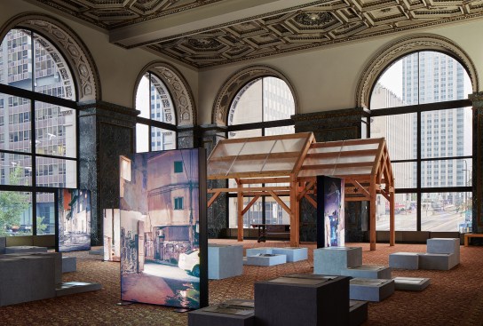 Sweet Water Foundations "Re-Rooting + Redux," with DAAR's "Refuge Heritage" in the foreground at the 2019 Chicago Architecture Biennial.