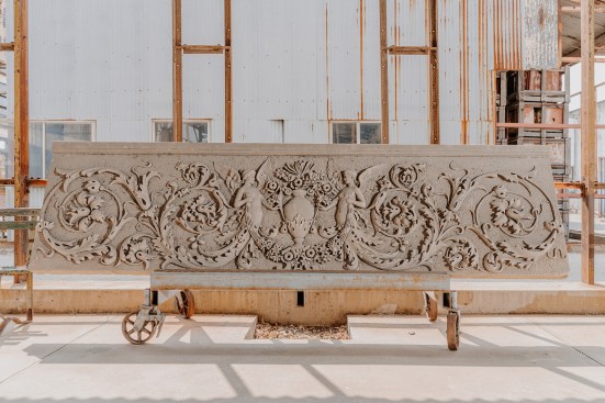 "Relief Panel" Limestone section, 36 x 137 x 6 1/2 inches, from the West End Hotel, 1891. Part of the collection of the National Building Arts Center in Sauget, Ill.