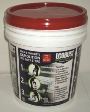 No need for jackhammers, noise, and fumes to demolish concrete. Ecobust is a non-toxic powdered mineral mixture that mixes with water and expands to exert thousands of pounds per square inch to demolish rock or concrete. The product is available in four different product types based on job size and the core temperature of the material being demolished. EcoBust. 
www.ecobust.ca.