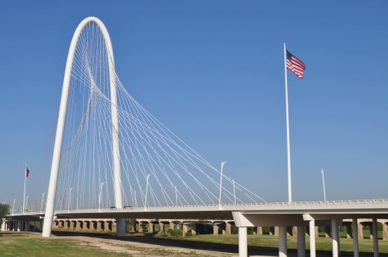 The new Margaret Hunt Hill Bridge will be for vehicular traffic only; with the old bridge it replaces (beyond), although still in use, is slated to become a pedestrian crossing.