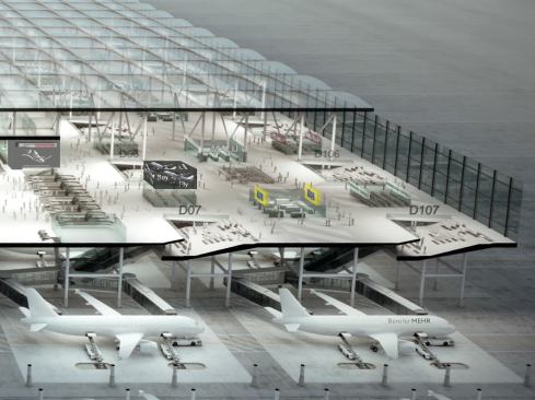 Detailed section through airport prototype, showing departure stage of the airport. Passengers would&nbsp;board through front and rear of the aircraft, halving boarding time.
