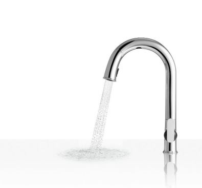 Kohler The touchless Sensate kitchen faucet from Kohler uses sophisticated design and technology to generate hands-free operation. By placing the sensors within the arch, only deliberate movements of the hands or any object will start or stop the water flow.
www.kohler.com