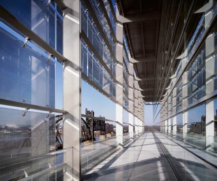Exterior circulation adds a thermal buffer to the museum, contributing to its LEED Platinum certification.