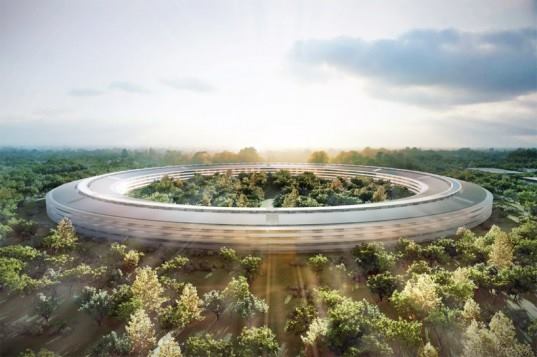 A rendering of the futuristic suburban landscape that will potentially be Apple's new headquarters in Cupertino, Calif.
