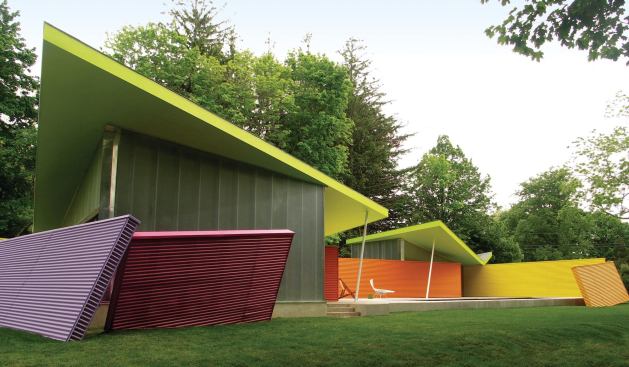 Annual Design Review 2010 – Live: Citation Architect: Stamberg Aferiat Architecture, New York; Construction Manager: deVries and Wallace   Stamberg Aferiat Architecture conceived of a fanciful retreat into a 1,100-square-foot quasi-Cubist crayon box for the most demanding of clients: themselves. This pool house on Shelter Island, N.Y., was intended to reference Mies van der Rohe’s Barcelona Pavilion, in a tongue-and-cheek sort of way.